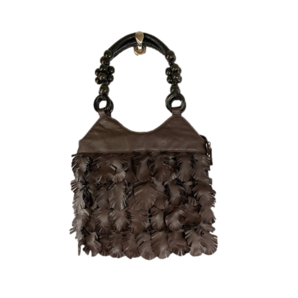 GAL Dark Brown Leaf Fringe Beaded Handle Boho Bag EUC